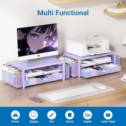 OPNICE Desk Organizers and Accessories, Computer Monitor Stand Riser with Drawer and 2 Pen Holders, Printer & Laptop Stand, Office Desk Accessories & Workspace Organizers for Home Office Supplies, Metal Purple - Image 4