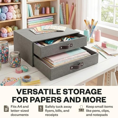 Bigso Birger 2-Drawer Canvas Fiberboard Easy Pull Handle Document Letter Box | Desktop Drawers for Loose Papers and Documents | Desktop Storage Drawers with Leather Handles | 13.1” x 10” x 5.7” | Grey - Image 5