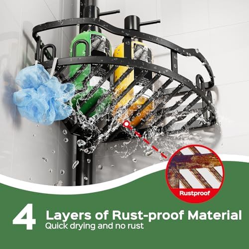 HAMITOR Shower Caddy Tension Pole: Rustproof Quick Install Standing Corner Bathroom Organizer Shelf on Floor for Renters - 4-Tier Large Capacity Storage Rack with Soap Holder for Apartment -Black - Image 2
