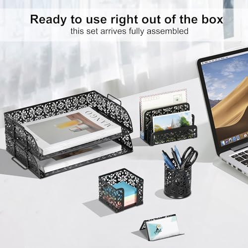 EasyPAG Desk Organizers and Accessories 5 Pieces Office Supplies Set - 2 Tier Paper Tray, Pencil Organizer for Desk, Mail Sorter Countertop, Business Card Holder and Sticky Note Holder, Black - Image 4
