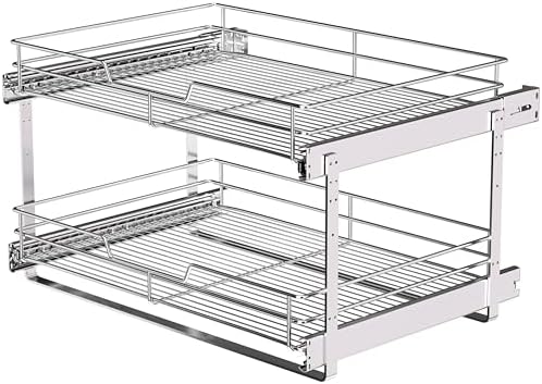 JOWBOOW 2-Tier Pull Out Cabinet Organizer, 23" W x 22" D, Chrome by JOWBOOW