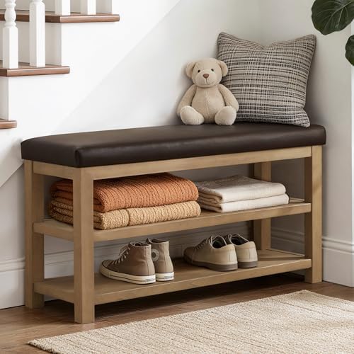 Zihanhome Shoe Rack Bench with Leather Cushion, 2 Tier Solid Wood Storage Bench, Mid-Century Modern Shoe Bench for Entryway, Hallway, Closet, Front Door Entrance, Foyer (Dark Brown, 46.5) by Zihanhome
