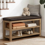 Zihanhome Shoe Rack Bench with Leather Cushion, 2 Tier Solid Wood Storage Bench, Mid-Century Modern Shoe Bench for Entryway, Hallway, Closet, Front Door Entrance, Foyer (Dark Brown, 46.5) by Zihanhome