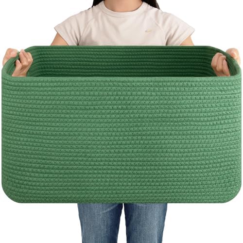 OIAHOMY 75L Large Blanket Basket Woven Storage Basket with Handle Green by MasterofSpaceOptimization