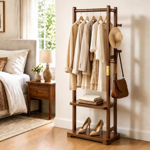 Taitiy Coat Rack Solid Wood Hall Tree Storage 2 Shelves 5 Hooks by Taitiy
