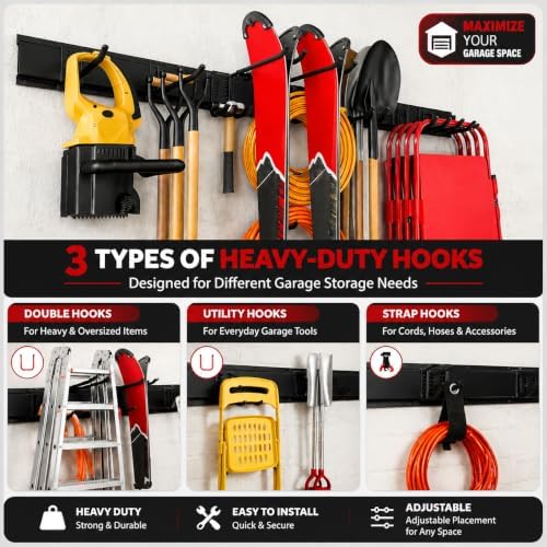 64 Inches Garage Tool Organizer Wall Mount, Tool Storage Rack Wall Mount, Heavy Duty Garden Wall Organizer System for Yard, garage and Shed, Tool Holder for Hanging Rake Snowboard Broom Mop - Image 3