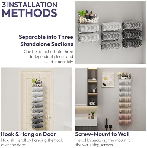 SWTYMIKI Hanging Towel Racks for Bathroom - 9 Tier Over the Door & Wall Mounted Bath Rolled Towel Storage Organizer Holder for Small Bathroom, RV, Camper (Polished Nickel, 9-Tier) - Image 4