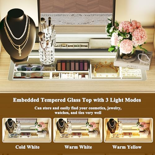 Closet System, 4-8 FT Closet Organizer with 3 Wood Drawers & Glass Top, Oak - Image 4