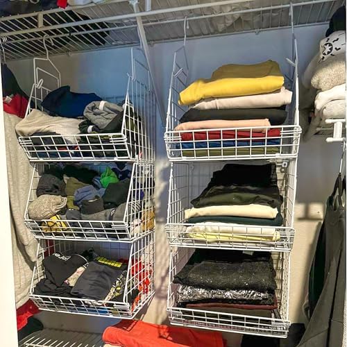 X-cosrack 3 Tier Foldable Closet Organizer, Clothes Shelves with 5 S Hooks, Wall Mount&Cabinet Wire Storage Basket Bins, for Clothing Sweaters Shoes Handbags Clutches Accessories-White Patent Design - Image 5