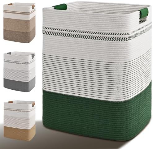 Laundry Hamper, 95L Tall Laundry Basket with Leather Handles, Rectangle Large Clothes Hamper for Organizing, Cotton Woven Laundry Baskets Storage Hampers for Bedroom, Nursery, Living Room by Degeyoyo