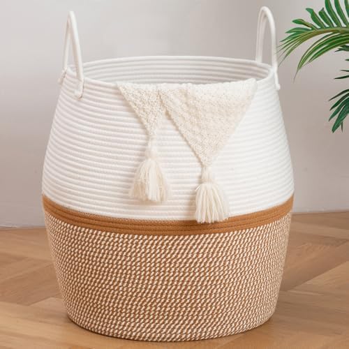 OIAHOMY 80L Blanket Basket with Handle, Storage Basket for Living Room, Laundry Hamper for Clothes, Towels, Pillows, Toy Storage for Kids and Dogs, Baby Hamper for Nursery - Brown & White by MasterofSpaceOptimization