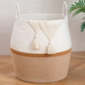 OIAHOMY 80L Blanket Basket with Handle, Storage Basket for Living Room, Laundry Hamper for Clothes, Towels, Pillows, Toy Storage for Kids and Dogs, Baby Hamper for Nursery - Brown & White by MasterofSpaceOptimization