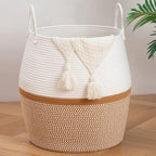 OIAHOMY 80L Blanket Basket with Handle, Storage Basket for Living Room, Laundry Hamper for Clothes, Towels, Pillows, Toy Storage for Kids and Dogs, Baby Hamper for Nursery - Brown & White by MasterofSpaceOptimization