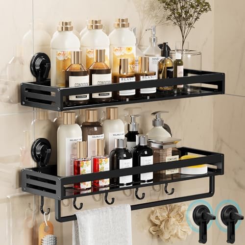 Suction Cup Shower Caddy with 5 Hooks & Towel Rrack 15.7inch Black by CIBOTIES