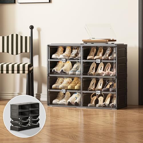 Vipbox Black Shoe Rack Organizer Cabinet for Closet Entryway,Clear Shoe Storage Boxes Stackable Sneaker Storage with Door Easy Assembly Shoe Cabinet with Lids Large 4 Tiers 16 Pairs by Unknown