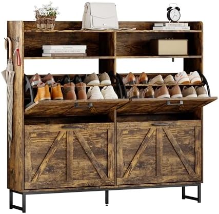 Wodeer Shoe Cabinet Storage for Entryway, Shoe Storage Cabinet with 4 Flip Drawers, Freestanding Narrow Shoe Rack Organizer with Metal Legs, Adjustable Shelves & Open Storage for Foyer, Hallway, Brown - Image 7