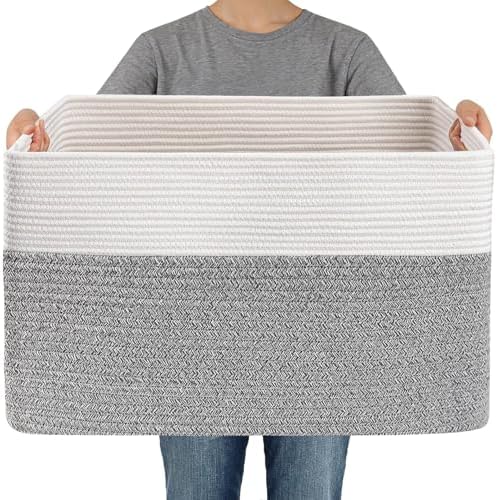JMvicyroam 96L Large Woven Cotton Rope Blanket Basket, White&Grey by JMvicyroam