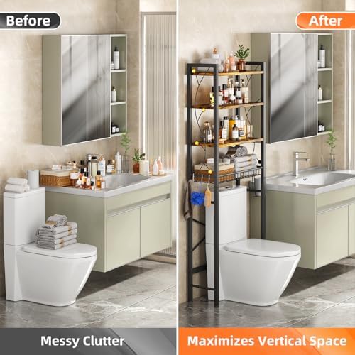 Over-The-Toilet Storage Rack, 4-Tier Bathroom Organizer Shelf Over Toilet with Adjustable Shelf and Basket, Freestanding Space Saver Bathroom Shelves Above Toilet for Room (Rustic Brown) - Image 5