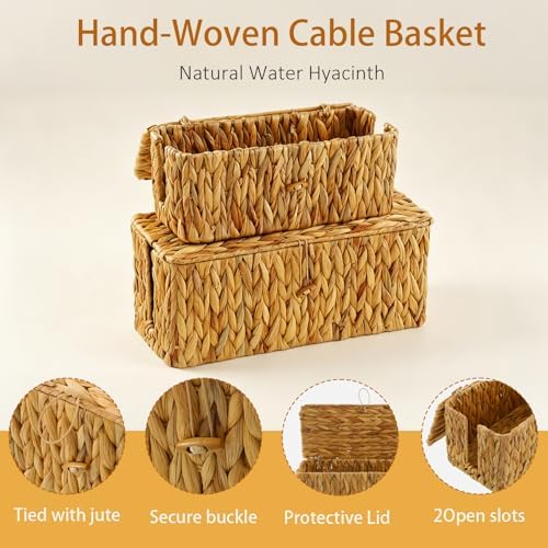 2 Pack Hand-Woven Cable Management Boxes, Natural Woven Cord Organizer with Lid, 2 Open Slots Cable Storage Basket to Hide Power Strip and Charger for Home Office and Dorm,Decorative Wicker Baskets - Image 3