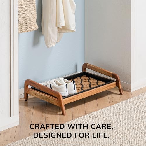 Anji Mountain Heavy Duty Waterproof Wooden Shoe Storage Mat Organizer/Boot Storage Tray Multi Use for Entryway with Coir, Tan and Black Trellis Insert, 1 Tier, Fits 2 Pair (26.5" Wide) - Image 6