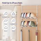 SWTYMIKI Over Door Hat Organizer - 3 Tier Wall Mounted Hat Rack with 2 Adjustable Metal Basket and 3 Hooks, Hanging Baseball Cap Organizer Storage Holds up to 29 Caps for Door, Bedroom, Closet - Image 2