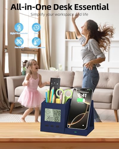 Desk Organizer with Wireless Charger, Digital Clock, Thermometer & Hygrometer - Multi-Functional Pencil Holder, Office Desk Accessories Storage Caddy for Home, Office, Men, Women (Battery Included) - Image 3