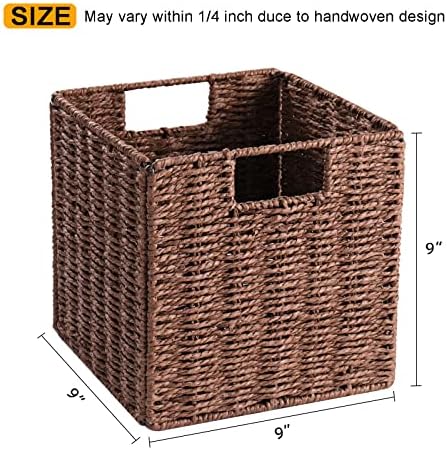 Vagusicc Wicker Storage Basket, Set of 2 Hand-Woven Storage Baskets for Shelves, Foldable Cube Storage Baskets Bins with Handles, 9 inch Small Wicker Baskets for Organizing Pantry Bedroom, Brown - Image 5