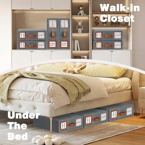 GhvyenntteS 12 Pack Bed Sheet Organizers and Storage, Sturdy Bed Sheet Organizer with Zipper and Handle, Foldable Linen Closet Organizers and Storage with Window and Label, Grey - Image 2
