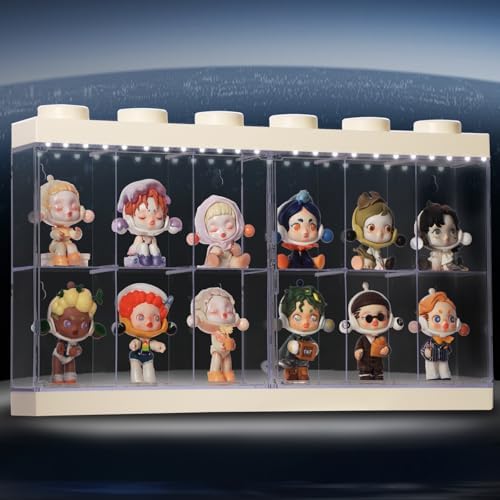 Wall-Mounted White Acrylic Display Case with White LED Light, 12-Grid Clear Showcase Shelf, No-Assembly Dustproof Organizer for Mini Figures, Collectibles by Lotheove