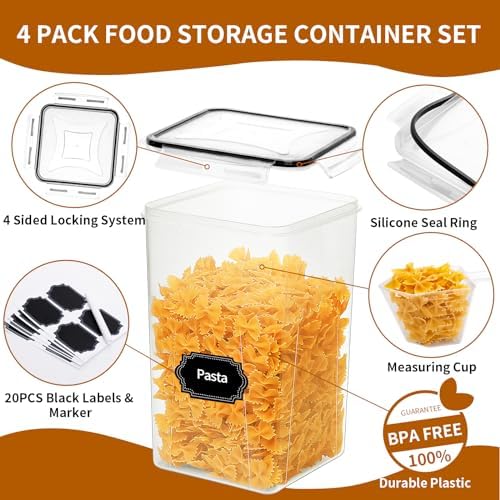 HKJ Chef 4 Pack Extra Large Airtight Food Storage Containers with Lids (6.5L / 220 oz), BPA Free Plastic Kitchen and Pantry Organization Contianers for Cereal Flour and Sugar Storage, Labels & Marker - Image 3