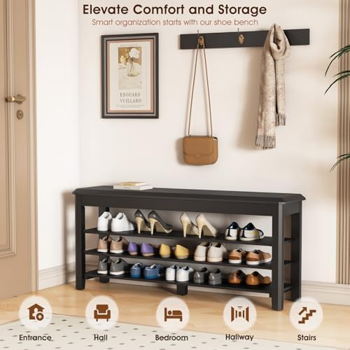 IUNVR Shoe Rack Bench Seat Rubberwood 3-Tier Wooden Storage Bench 550lbs Compact Mid-Century Modern Design for Entryway, Hallway, Closet, Front Door Entrance, Foyer - Image 3