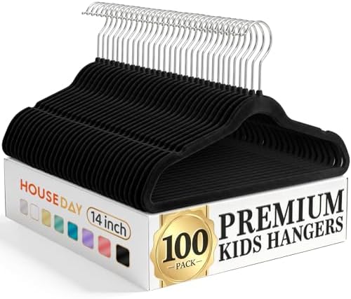 HOUSE DAY Black Kids Velvet Hangers 100 Pack, Durable Big Kid Hangers by HOUSEDAY