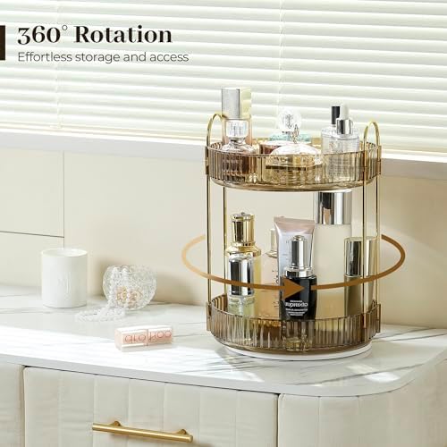 Aveniee 360 Rotating Makeup Organizer for Vanity, Perfume Sincare Organizers Bathroom Countertop Storage, Clear Cosmetics Lipstick Holder for Dresser,2 Tiers, Brown - Image 2