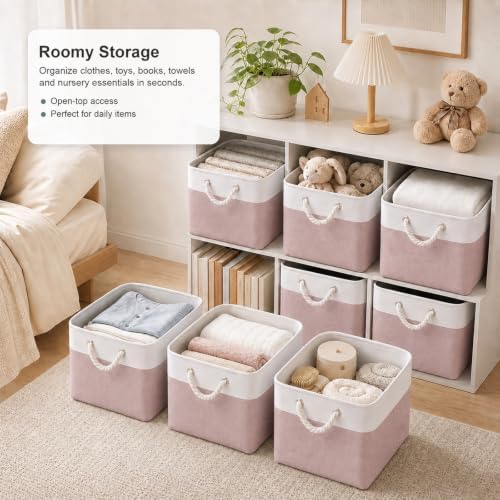 11x11 Inch Cube Storage Bins, 8 Pack Collapsible Fabric Storage Cubes with Rope Handles, Waterproof Foldable Storage Baskets for Cube Shelves, Closet, Clothes, Toys, Books, White & Pink - Image 2