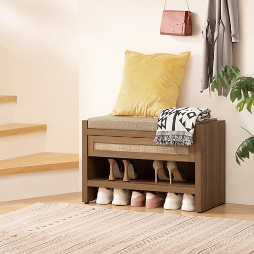 SICOTAS Rattan Shoe Bench Entryway Bench with Storage Drawer, Linen Cushion - Image 2