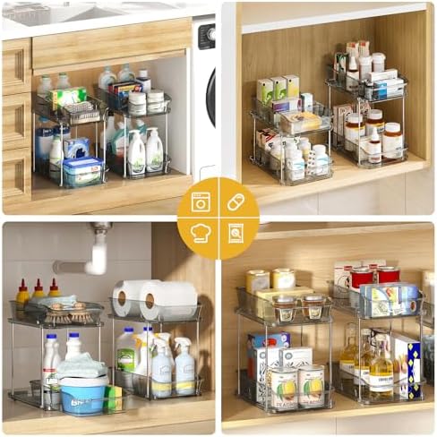 Delamu 2-Tier Under Sink Organizers and Storage, Multi-Purpose Stackable Bathroom Cabinet organizers, Pull Out Kitchen Pantry Organization and Storage with Dividers(3 Pack, Grey) - Image 4