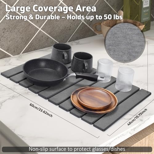 Large Stone Dish Drying Mat for Kitchen Counter – 24"(L)×16 "(W) Foldable Super Absorbent Diatomaceous Earth Stone Dish/Bath Mat, Kitchen Counter Mat for Plate Rack, Cup, Match Any Countertop - Gray - Image 2