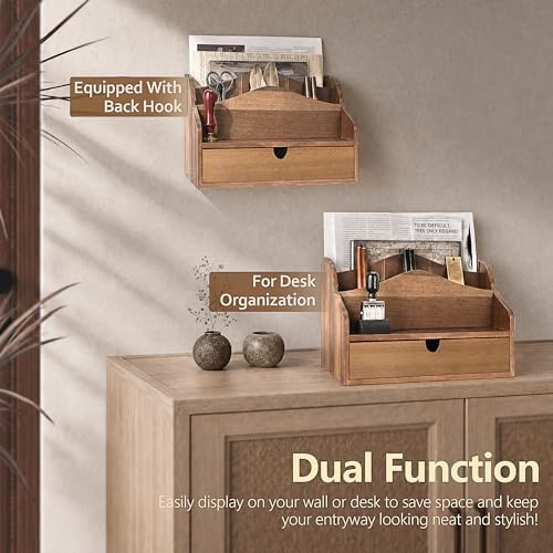 Rebee Vision Acacia Wood Mail Organizer for Desk with Drawer Entryway,Brown - Image 6