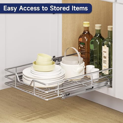 Pull Out Cabinet Organizer, 14.5" W x 21.5" D, Heavy Duty Chrome Slide Out Shelf for Base Cabinets, Sliding Wire Basket Drawer for Pantry Items, Bowls, Containers & Cleaning Supplies - Image 6