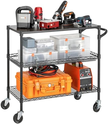 Finnhomy 3 Tier Heavy Duty Commercial Grade Utility Cart with Wood Top, Wire Rolling Cart with Wheels and Handle Bar, Kitchen Carts on Wheels, 18x36x35.4 H Metal Cart with 600 LBS Capacity, Black - Image 2