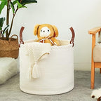 KAKAMAY Large Blanket Basket (18"x16"),Woven Baby Laundry Hamper,Cotton Rope Blanket Basket for Nursery, Laundry, Living Room, Pillows, Baby Toy chest with Leather Handles (White) - Image 3