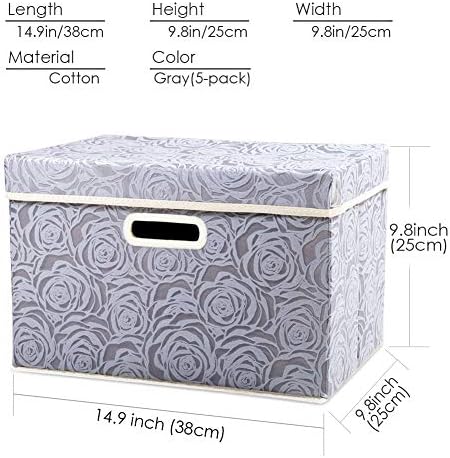 PRANDOM Foldable Storage Bins with Lids [5-Pack] Fabric Decorative Storage Box Cubes Organizer Containers Baskets with Cover Handles Divider for Bedroom Closet Living Room Grey 14.9x9.8x9.8 Inch - Image 5