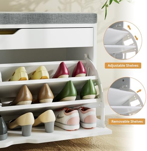 VOWNER Shoe Storage Bench with 3-Tier Flip Drawer, Shoe Rack Bench with Adjustable Shelves & Hidden Storage Space, Shoe Organizer for Entryway, Hallway, Living Room, White - Image 6