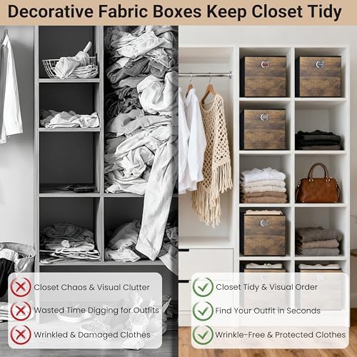 6-Pack Durable Cube Storage Bin with Decorative Wood Grain,Thickened Fabric Storage Basket Space-saving Cubby Boxes for Shelves,Closet,Bedroom,Office,Nursery,Dorm,RV, 12x12x12in (Medium - Image 7
