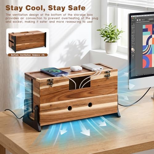 Extra Large Cable Management Box, 14.2-Inch Acacia Wood Cord Hider Box with Dual Locks and Magnetic Lid, Power Strip Cover and Cable Organizer for Desk, Floor, TV Wires and Home Office - Image 3