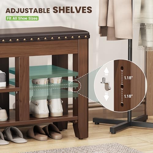 Shoe Bench for Entryway, Solid Rubberwood Shoe Bench with Hidden Storage, Adjustable 2-Tier Shelves & Soft PU Leather Seat, Shoe Rack Durable Easy Assembly for Hallway or Bedroom - Brown, 47.28" - Image 6