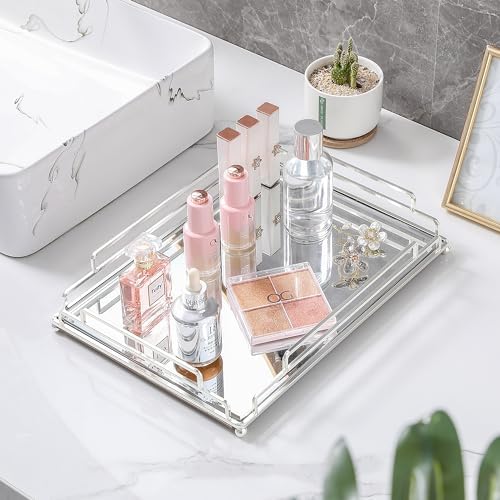 Tieson Mirror Tray Contemporary Silver Dresser Perfume Tray Bathroom Dresser Bedroom (Silver) - Image 2
