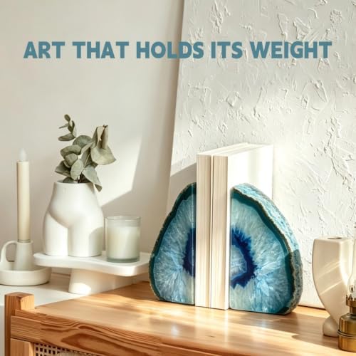 Natural Agate Bookends Pair - Vibrant Dyed Blue Geode Design, 2-3 lbs Heavy Duty Non-Slip Crystal Bookends for Shelves | Home Office Decor - Image 5