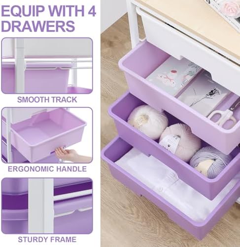 SYKIARIOL Rolling Cart with Drawers, 4-Drawer Utility Cart, Purple - Image 4