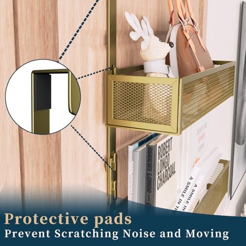 Consumest Over The Door Hooks Organizer - 3 Tier Door Hanger with 9 Coat Hooks & 2 Mesh Basket, Back Storage Organizer Hanging Towels for Bathroom, Bedroom, Gold - Image 4